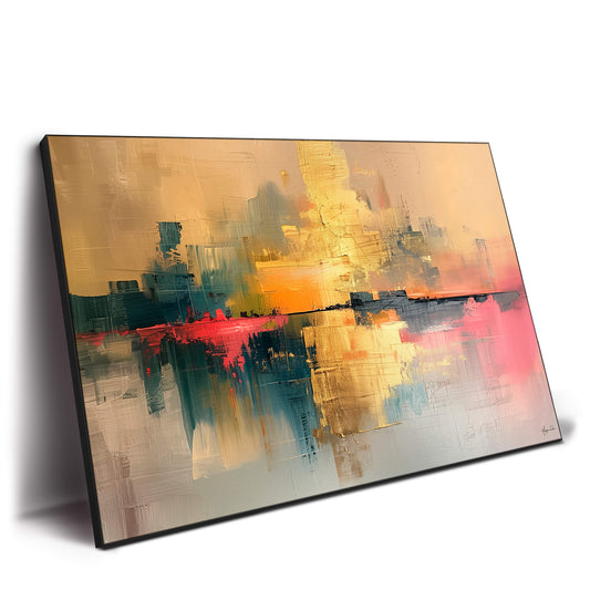 Warm gold and orange tones blend into vibrant reds and blues, with mirrored reflections.