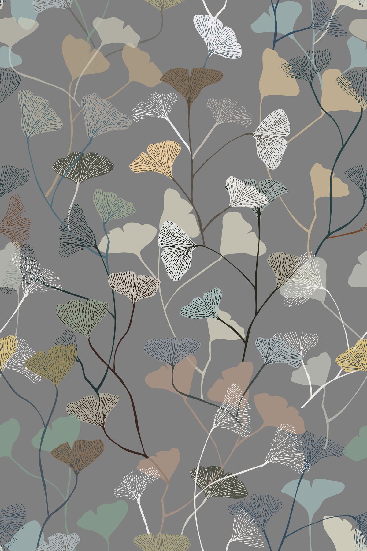 Floral pattern with multicolored leaves on a gray background.