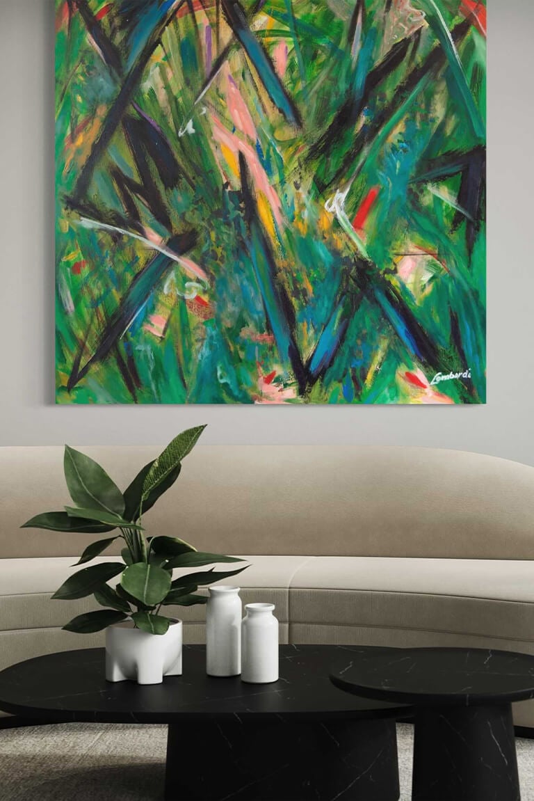 Green Large Painted Abstract Art called Jungle Hung in Living Room