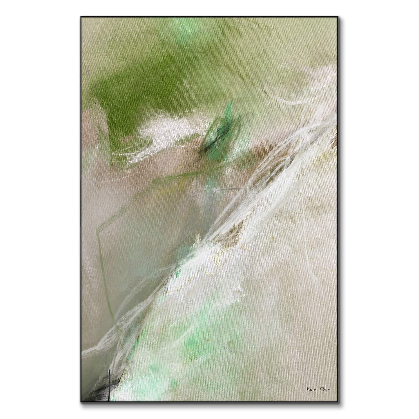 Painting with green, white, and tan tones with sweeping brushstrokes.