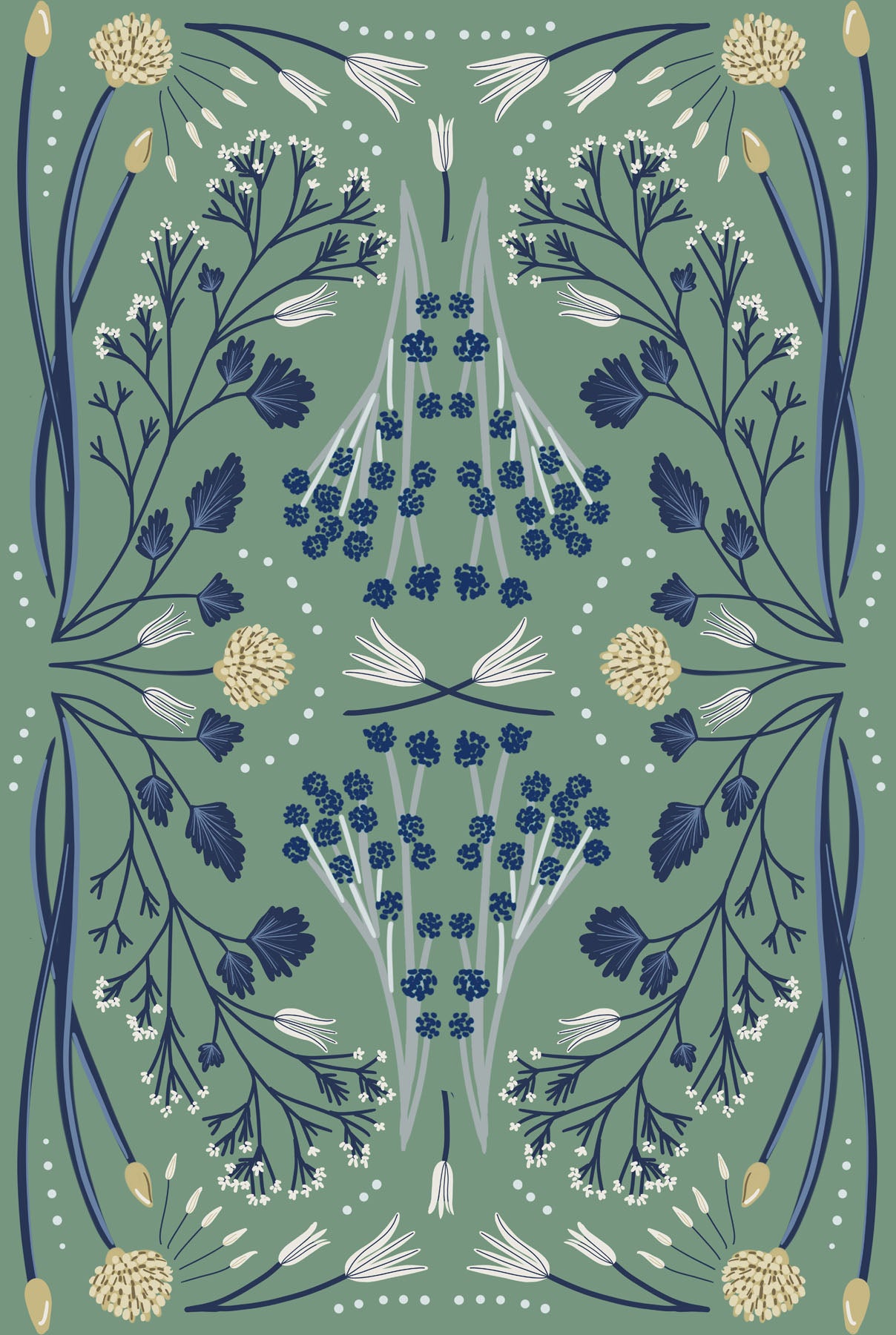Decorative pattern with blue floral elements on a green background