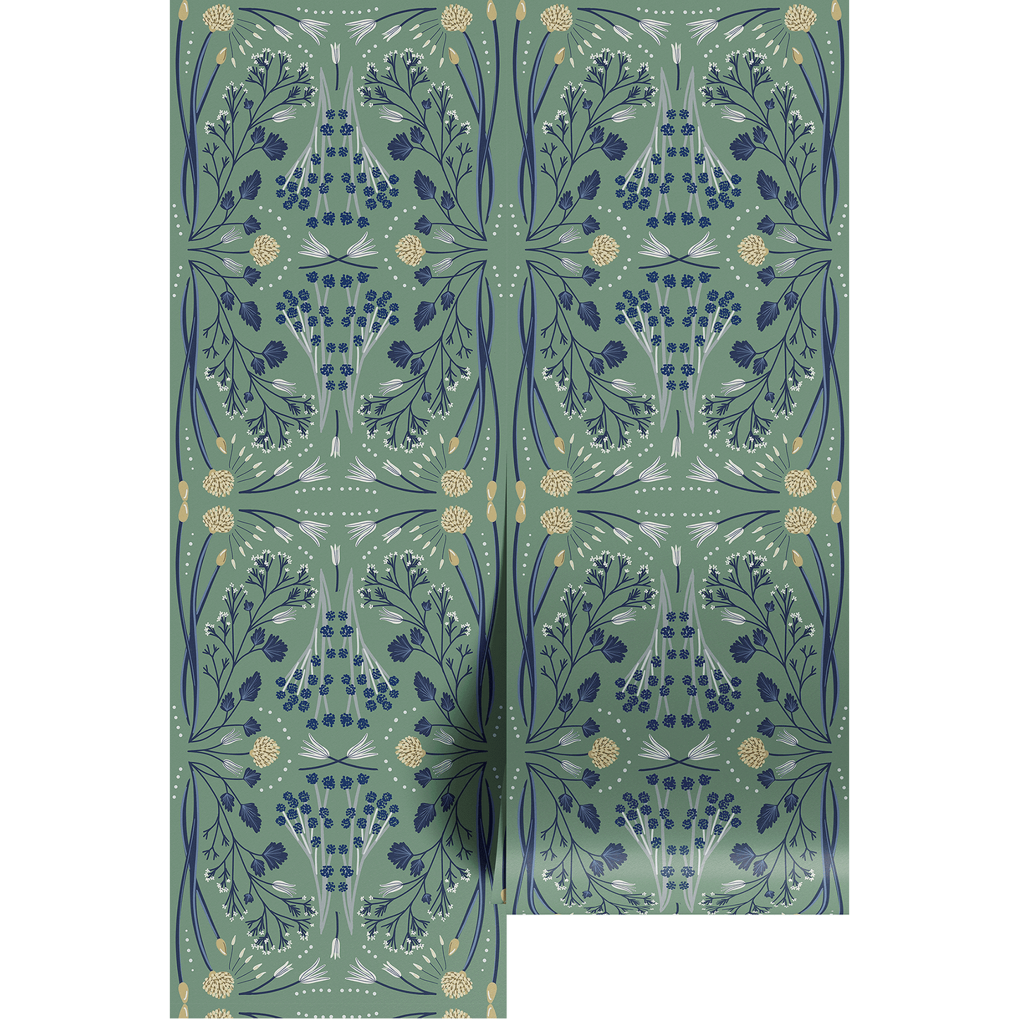 Patterned wallpaper with navy mirrored floral design on a green background