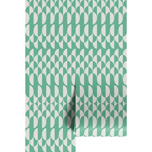 Green and white geometric patterned wallpaper on a white background