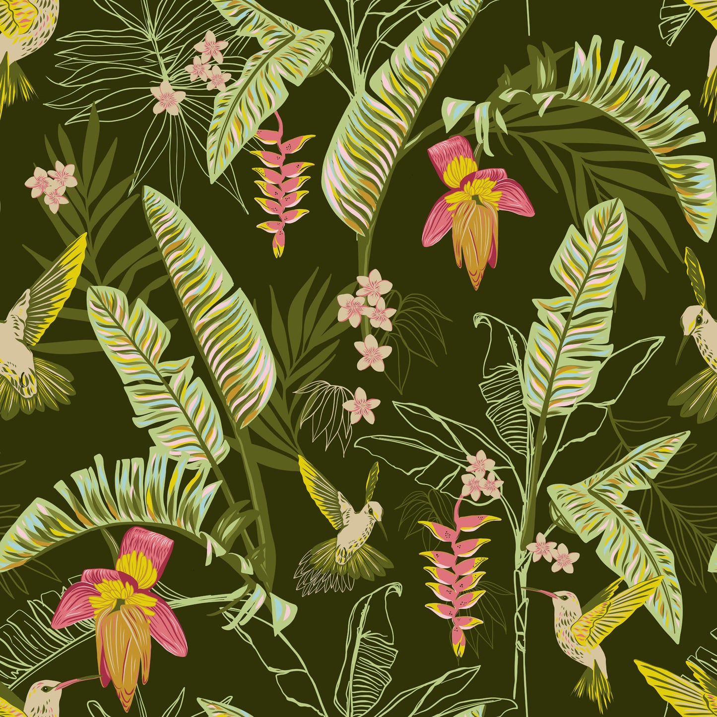 Tropical floral pattern with leaves and flowers on a dark green background.