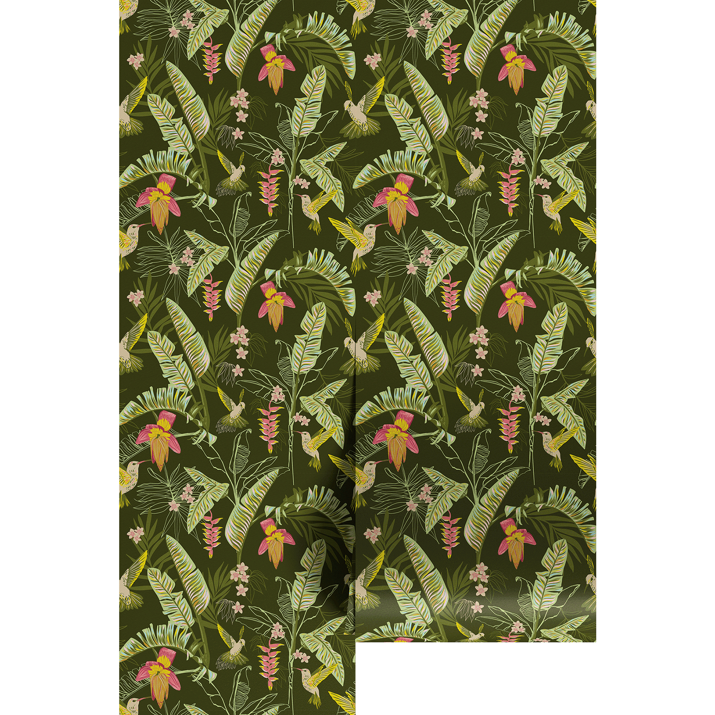 Tropical leaf and flower pattern on a green background
