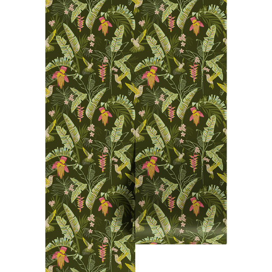 Tropical leaf and flower pattern on a green background