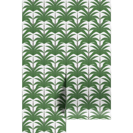 Green and white fern plant palms patterned wallpaper on a white background