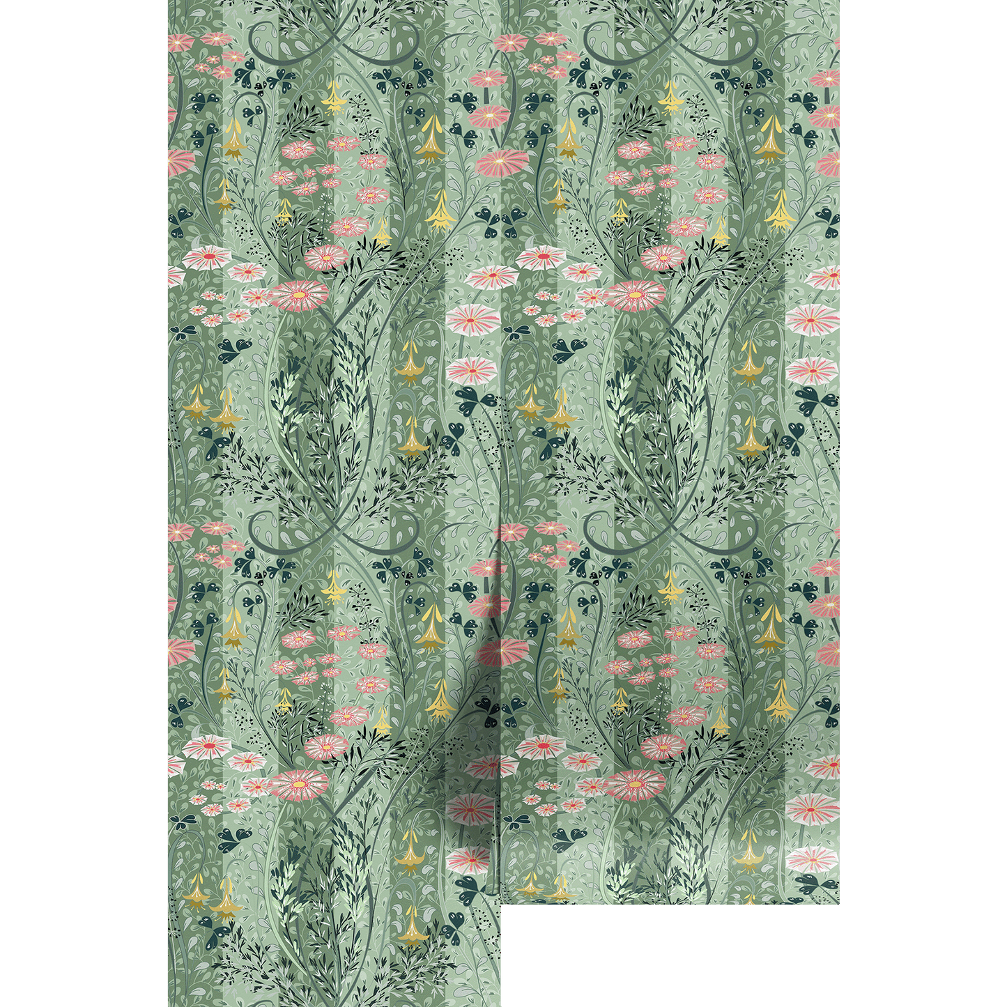 Floral patterned wallpaper with pink flowers and green leaves on a light green background