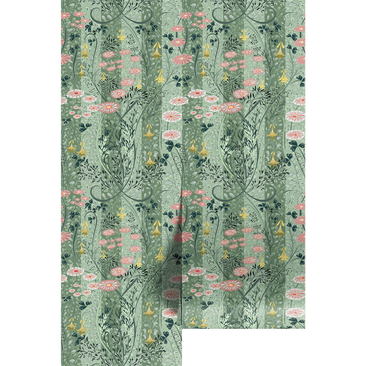 Floral patterned wallpaper with pink flowers and green leaves on a light green background