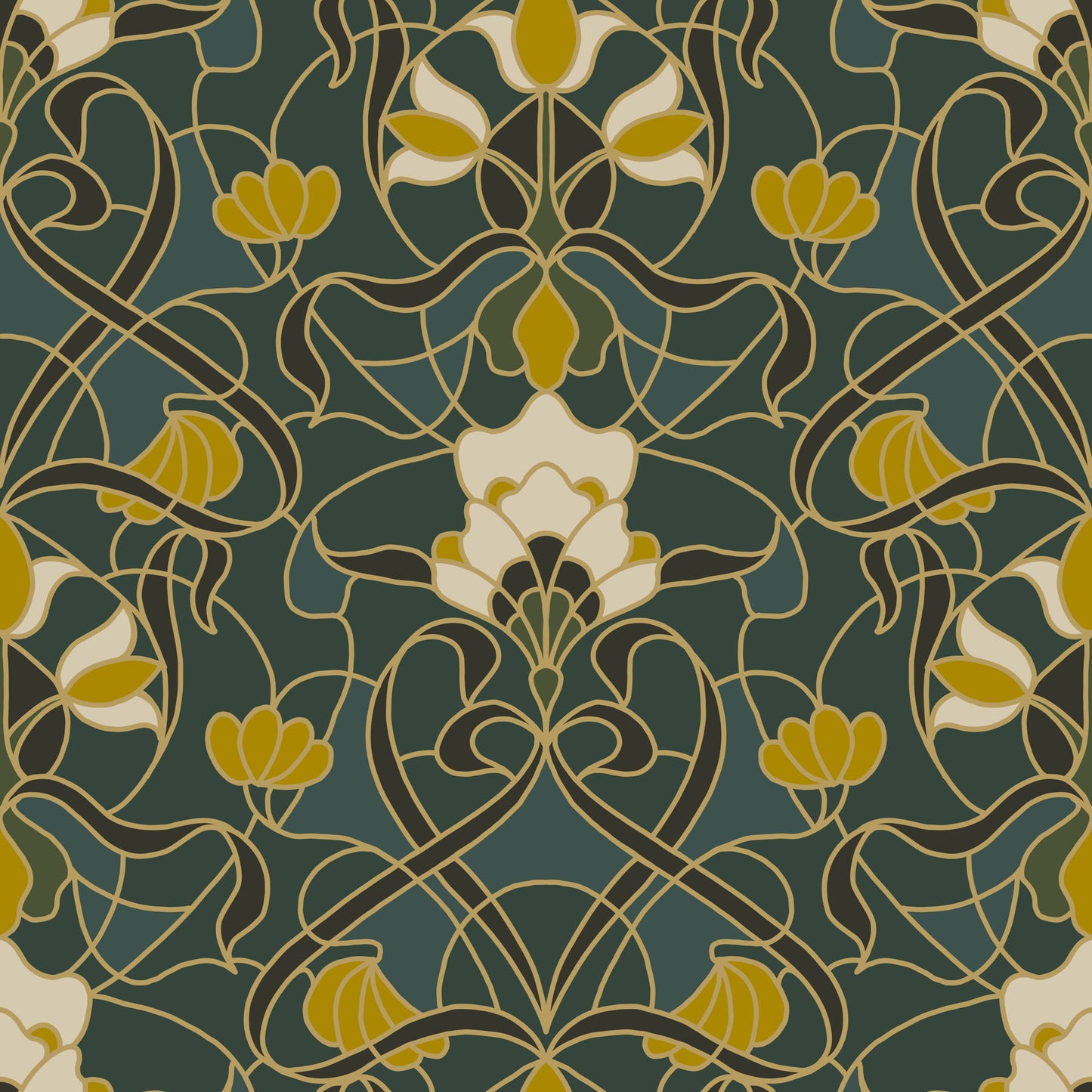 Decorative stained glass pattern with floral elements on a dark green background.