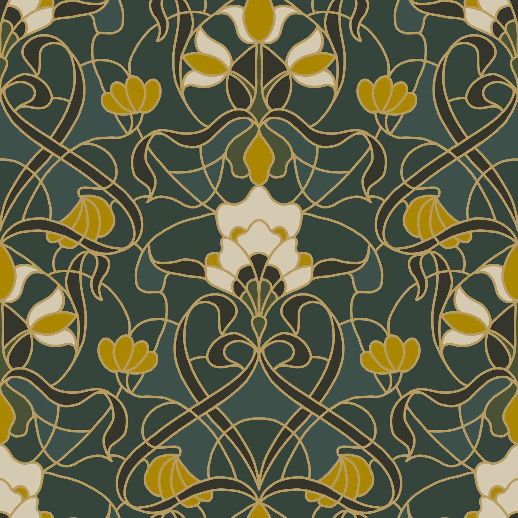Decorative stained glass pattern with floral elements on a dark green background.