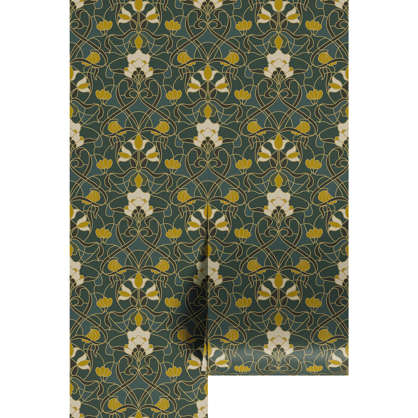 Patterned wallpaper with green, gold, and white design on a white background