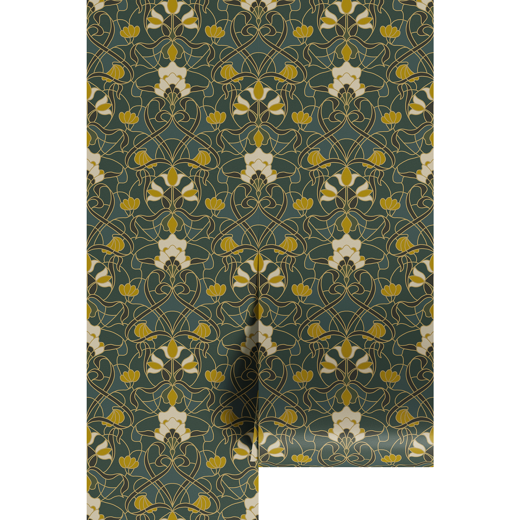 Patterned wallpaper with green, gold, and white design on a white background