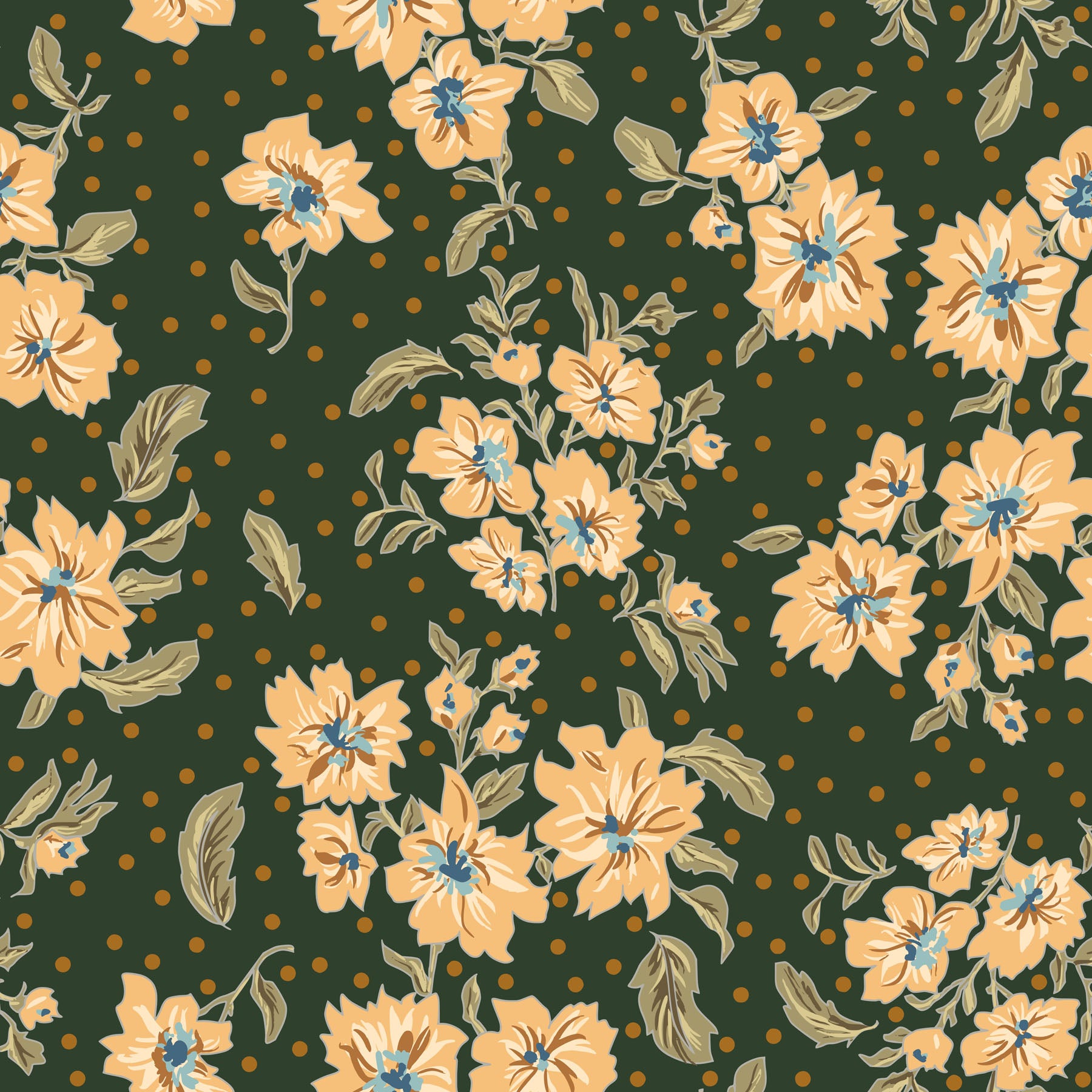 Floral pattern with yellow flowers on a green background and gold polka dots.