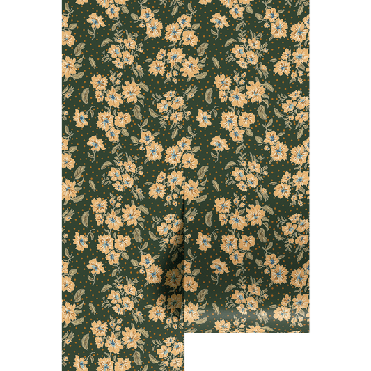 Floral patterned wallpaper with yellow flowers on a green background