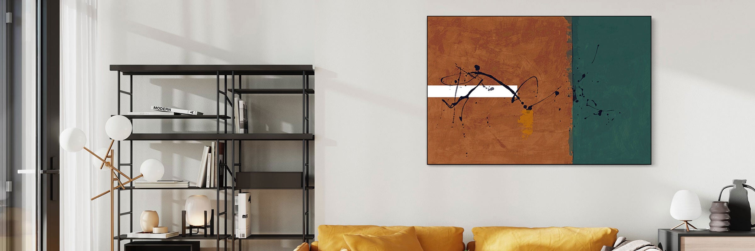 Brown and blue abstract art hangs above yellow couch in living room