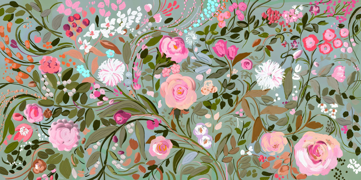 Floral pattern with pink and green flowers on a light teal background.