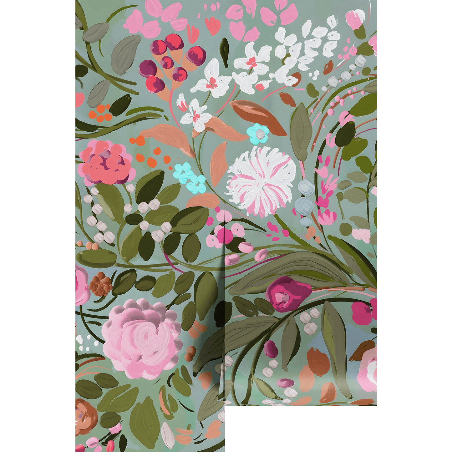 Hand painted floral patterned paper with pink, green, and white flowers on wallpaper panels.