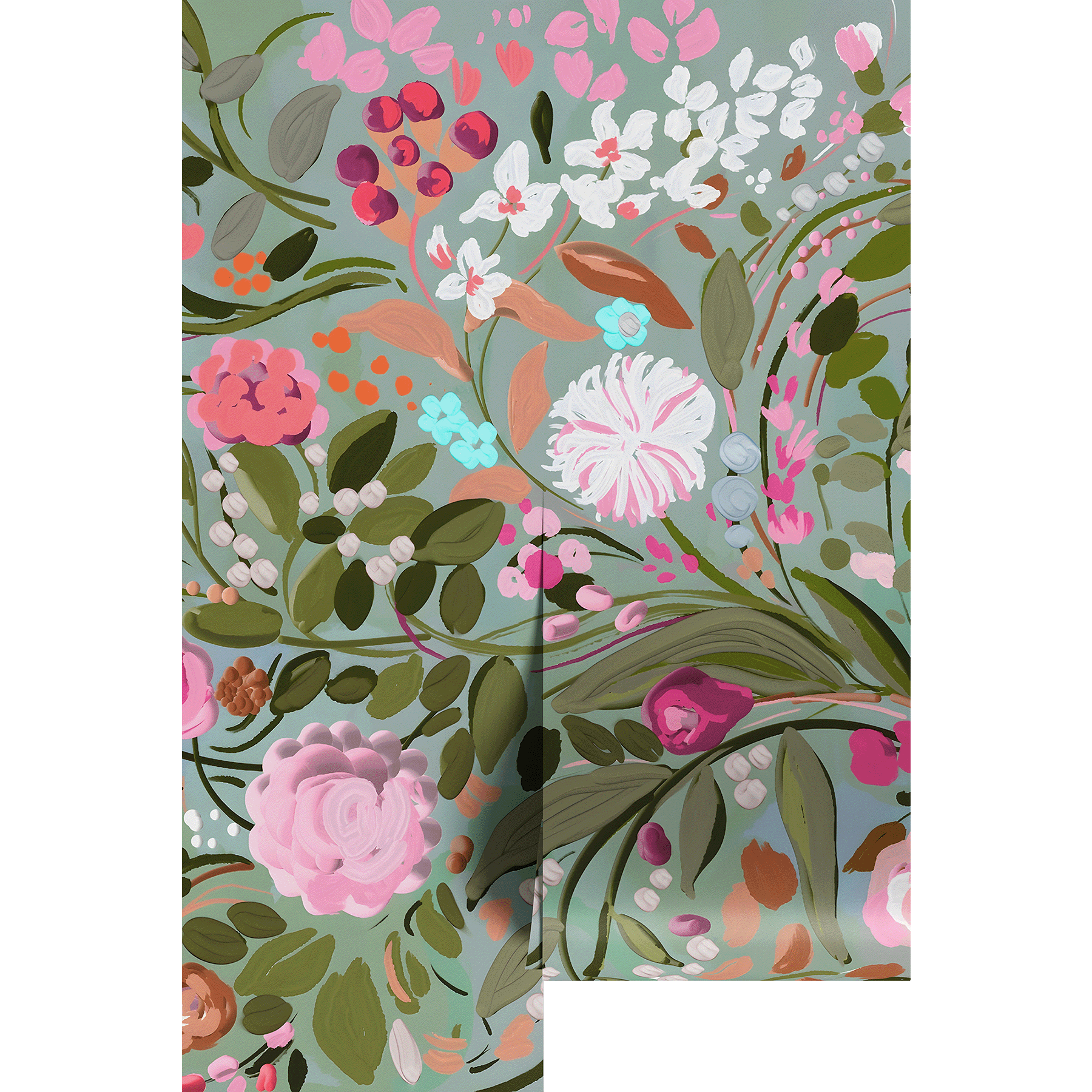 Hand painted floral patterned paper with pink, green, and white flowers on wallpaper panels.