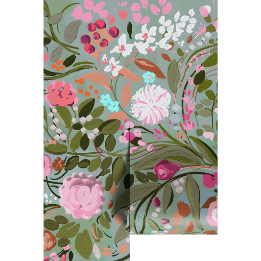 Hand painted floral patterned paper with pink, green, and white flowers on wallpaper panels.