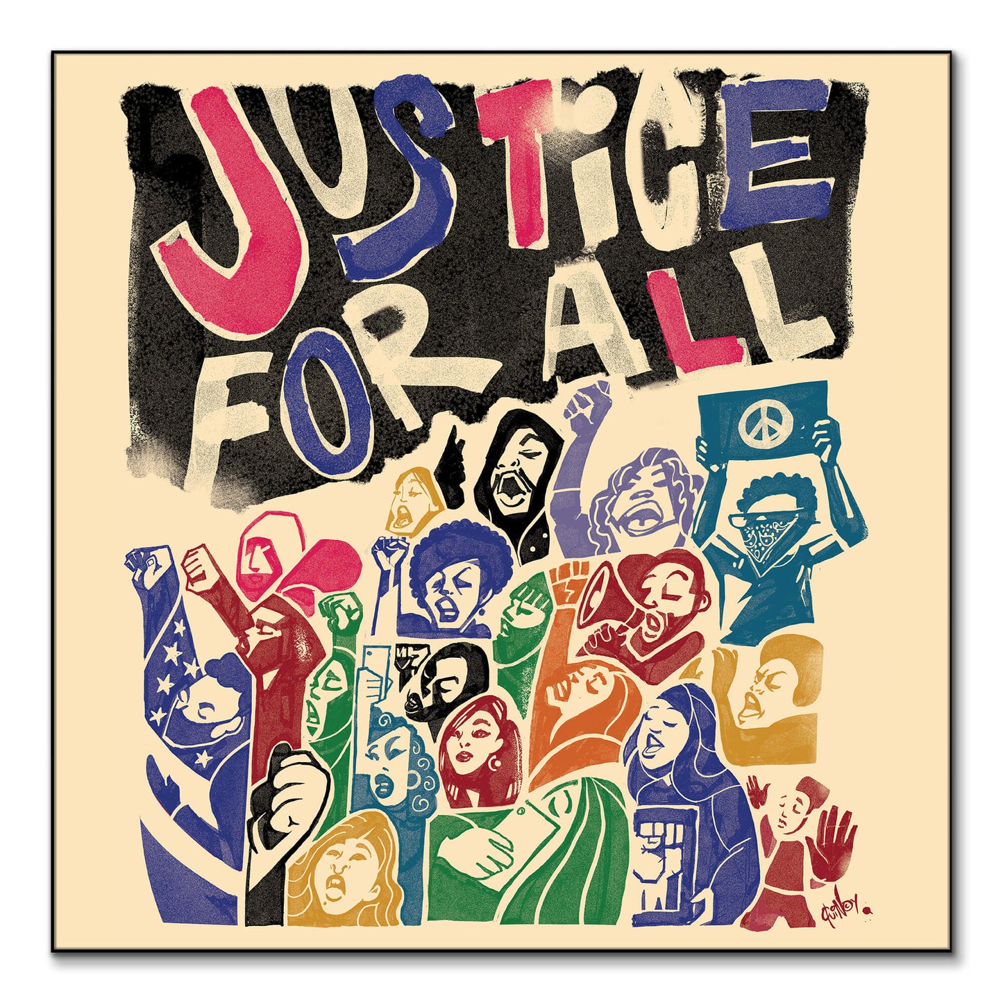 Colorful illustration of diverse group raising fists and voices in protest.