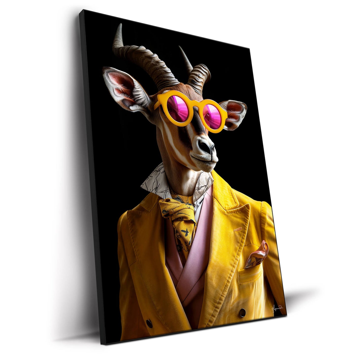 A kudu in a yellow suit and pink sunglasses, with distinctive horns, set against a black background.