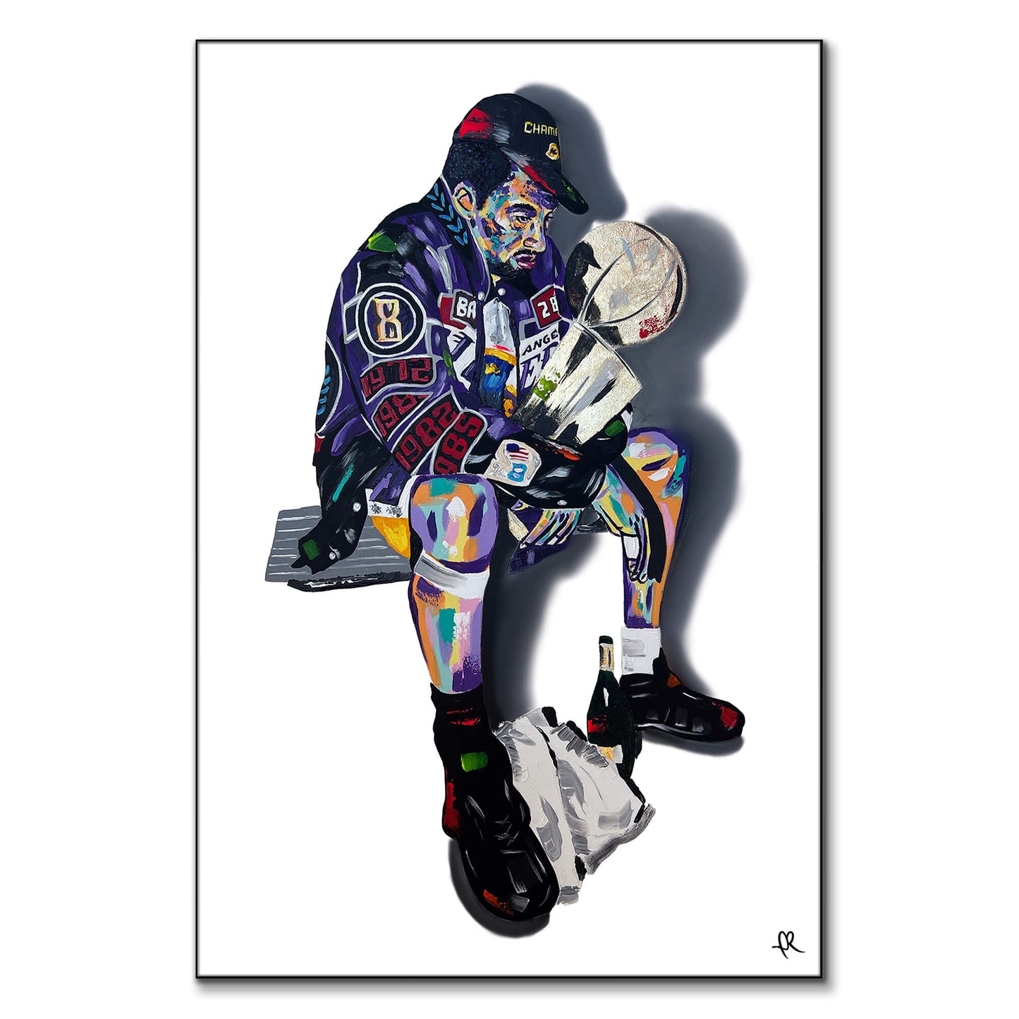 Pop art-style illustration of a Lakers Championship celebration with fragmented geometric shapes, vibrant colors, and an energetic expression of victory.