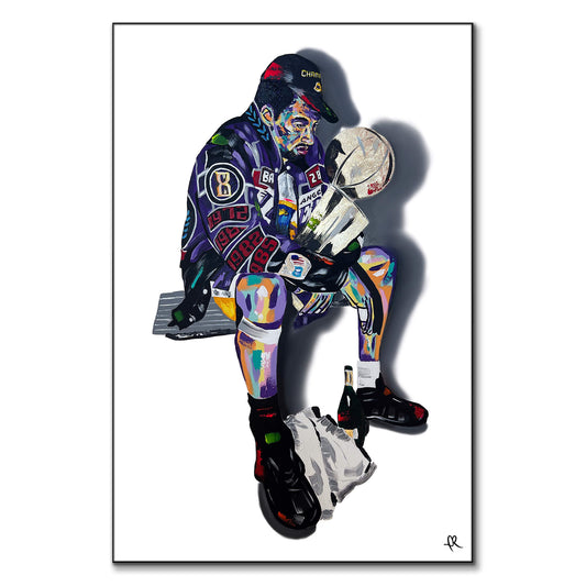 Pop art-style illustration of a Lakers Championship celebration with fragmented geometric shapes, vibrant colors, and an energetic expression of victory.