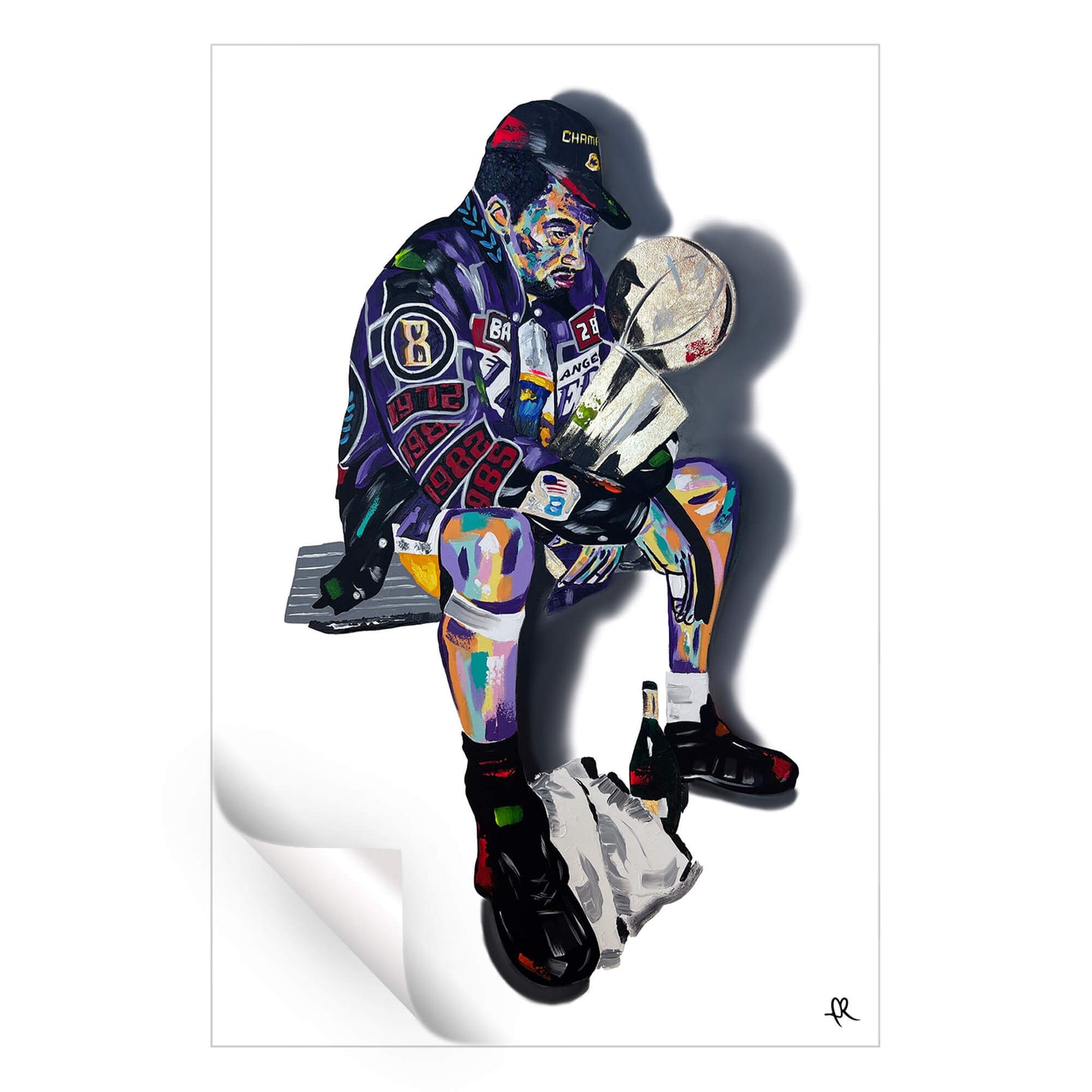 Pop art-style illustration of a Lakers Championship celebration with fragmented geometric shapes, vibrant colors, and an energetic expression of victory.