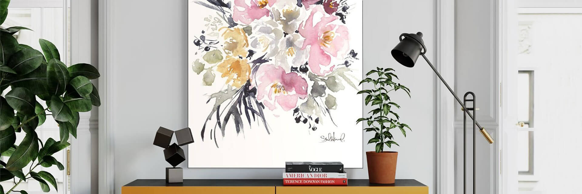 Abstract floral watercolor painting hangs on dark sage green wall above wooden dresser in modern bedroom.