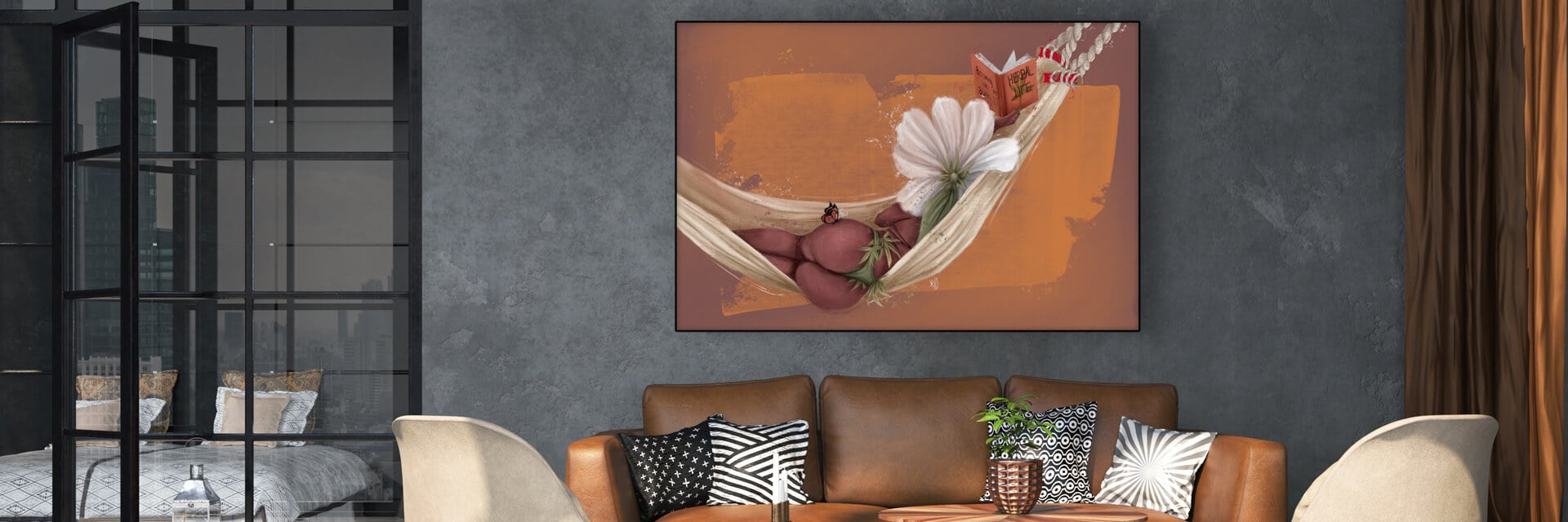Oversized painting of Black man in gray hoodie and green blazer with wildflowers instead of a face hangs on brick wall in modern apartment living room