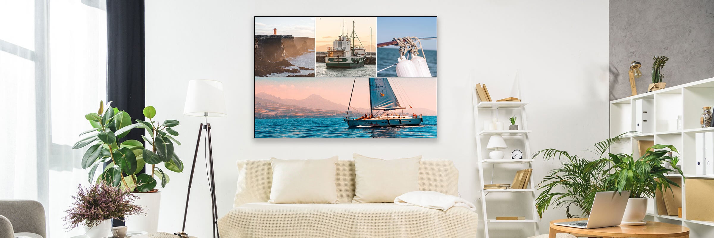 Large photo collage hangs above couch in beach aesthetic living room. Words "Make Massive Photo Collages in Seconds" is layered over image.