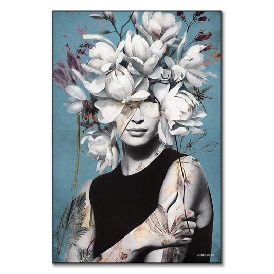 Female portrait with white floral crown and light blue background in a surreal artistic style.