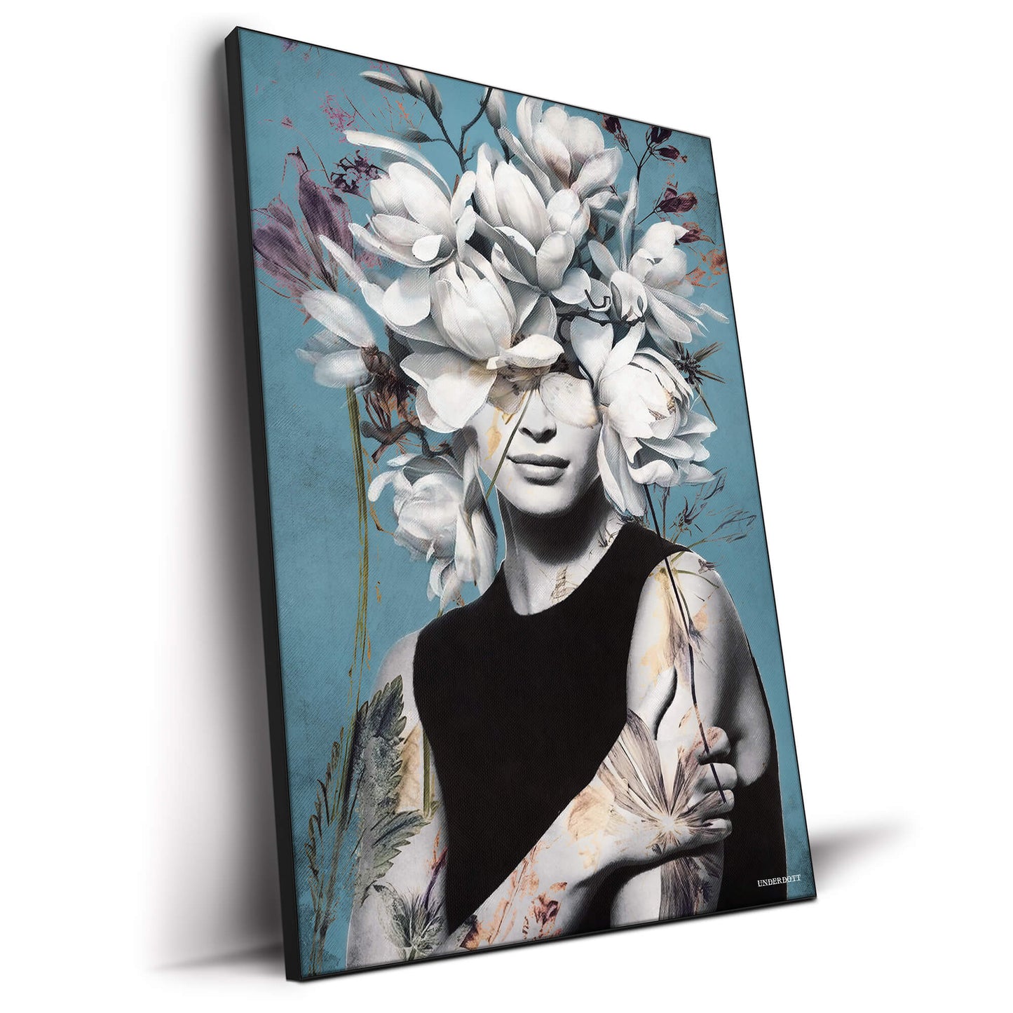Female portrait with white floral crown and light blue background in a surreal artistic style.
