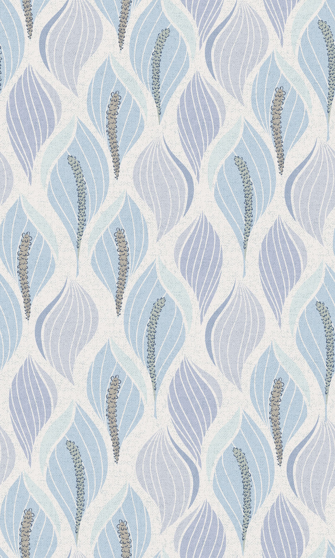 Patterned wallpaper with wavy lines in blue and gray on a white background.