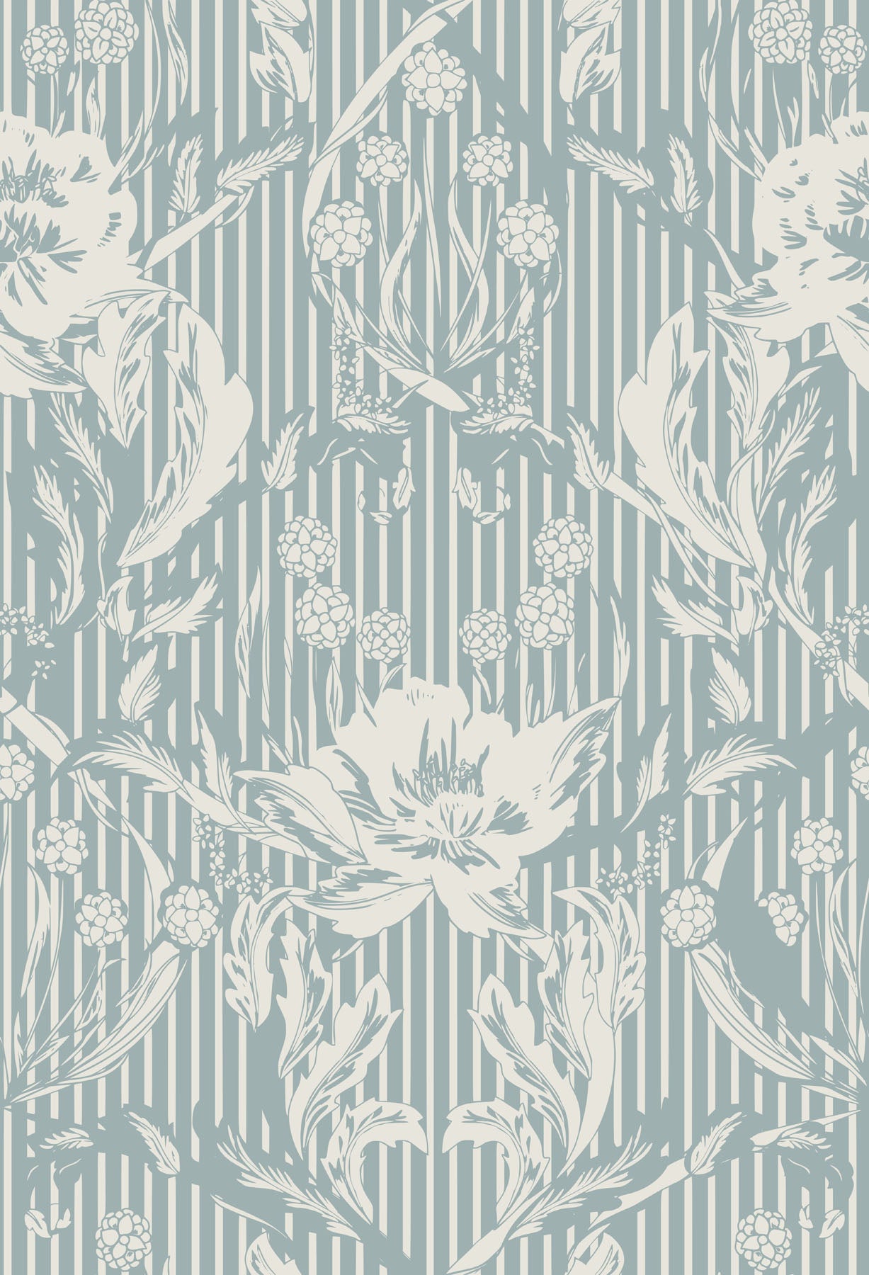 Floral pattern with striped background in light teal and white