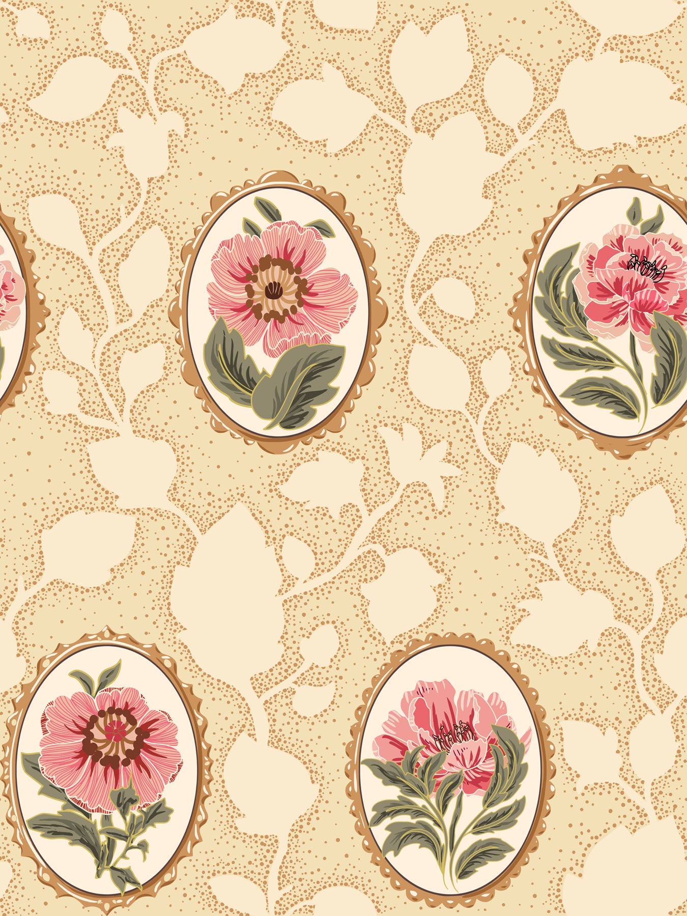 Decorative wallpaper with pink floral Cameo designs on a beige background