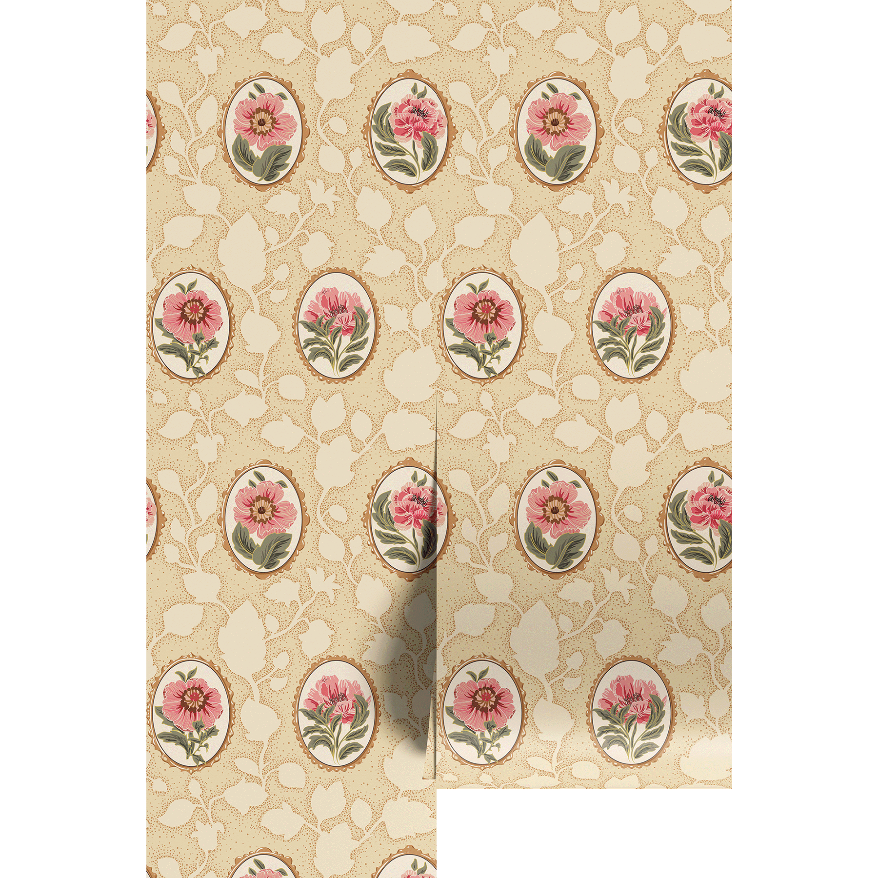 Decorative paper with floral cameo patterns on a beige background