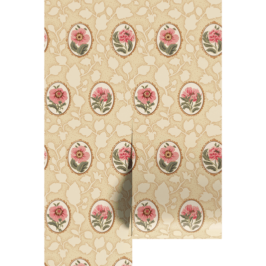 Decorative paper with floral cameo patterns on a beige background