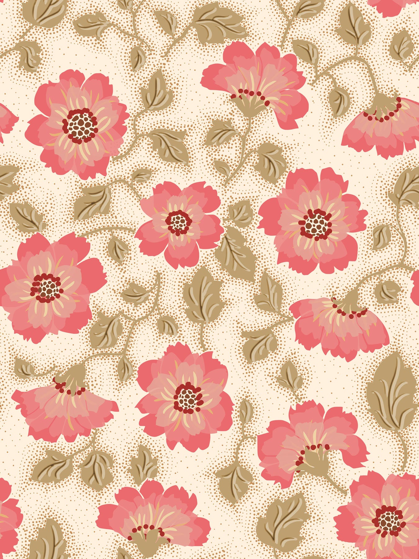 Pattern of pink flowers and green leaves on a beige background.