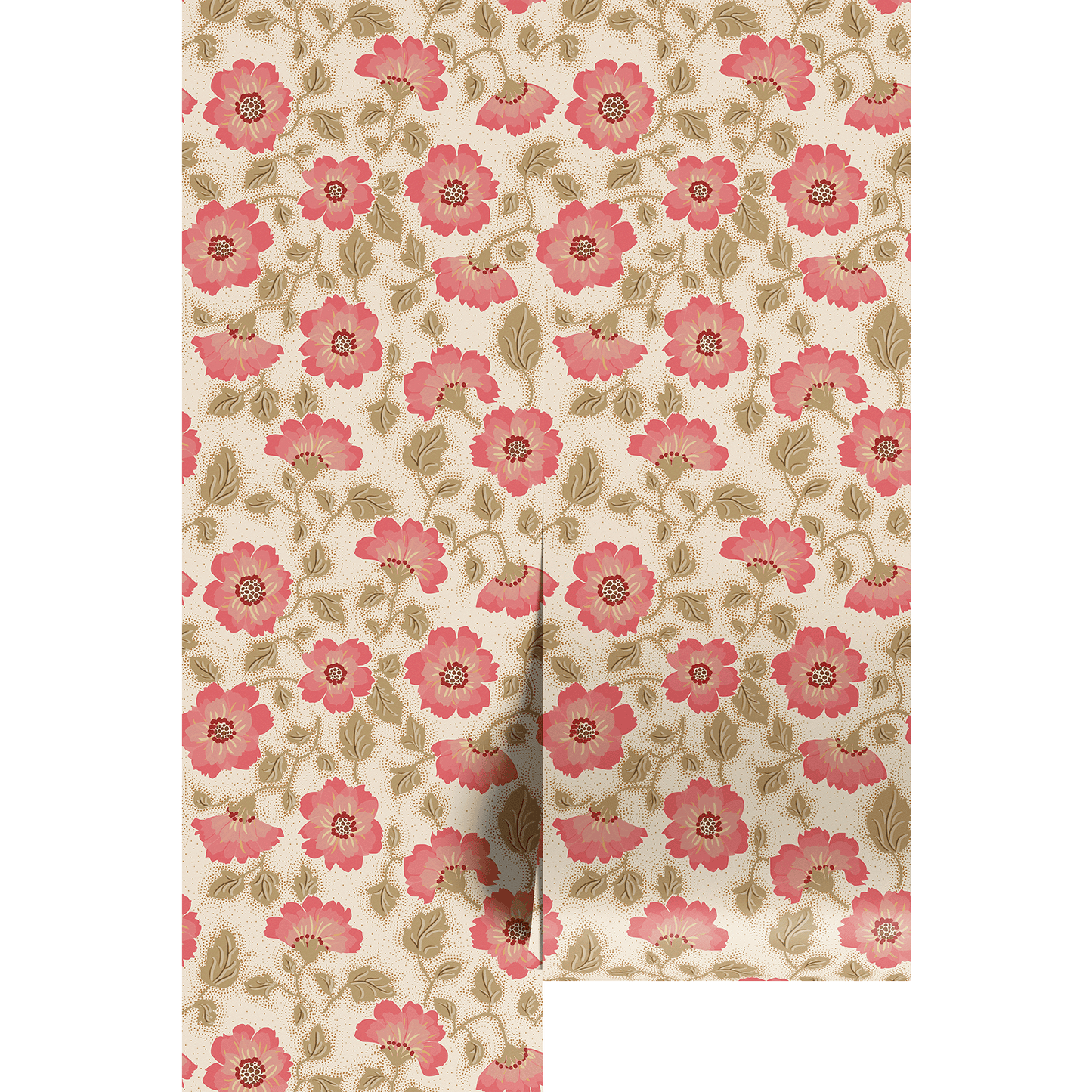 Floral patterned wallpaper with pink flowers on a beige background