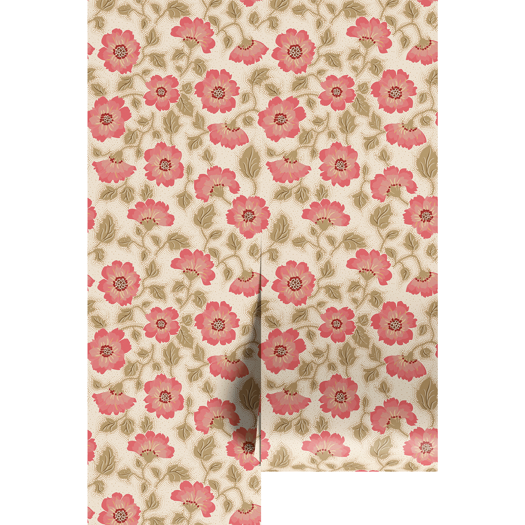 Floral patterned wallpaper with pink flowers on a beige background