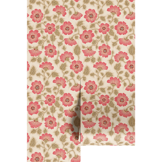 Floral patterned wallpaper with pink flowers on a beige background