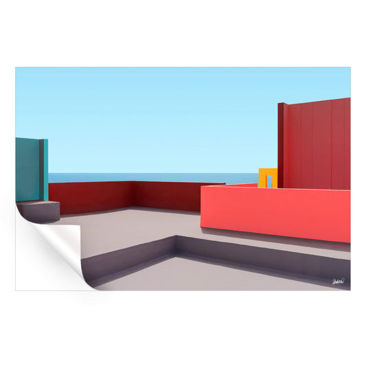 Vibrant terrace with red, blue, and yellow walls overlooking the sea.