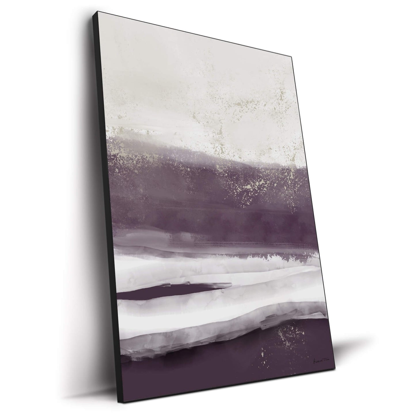 Abstract artwork featuring soft purple, violet, and gray hues, with fluid brushstrokes and a sense of gentle movement.