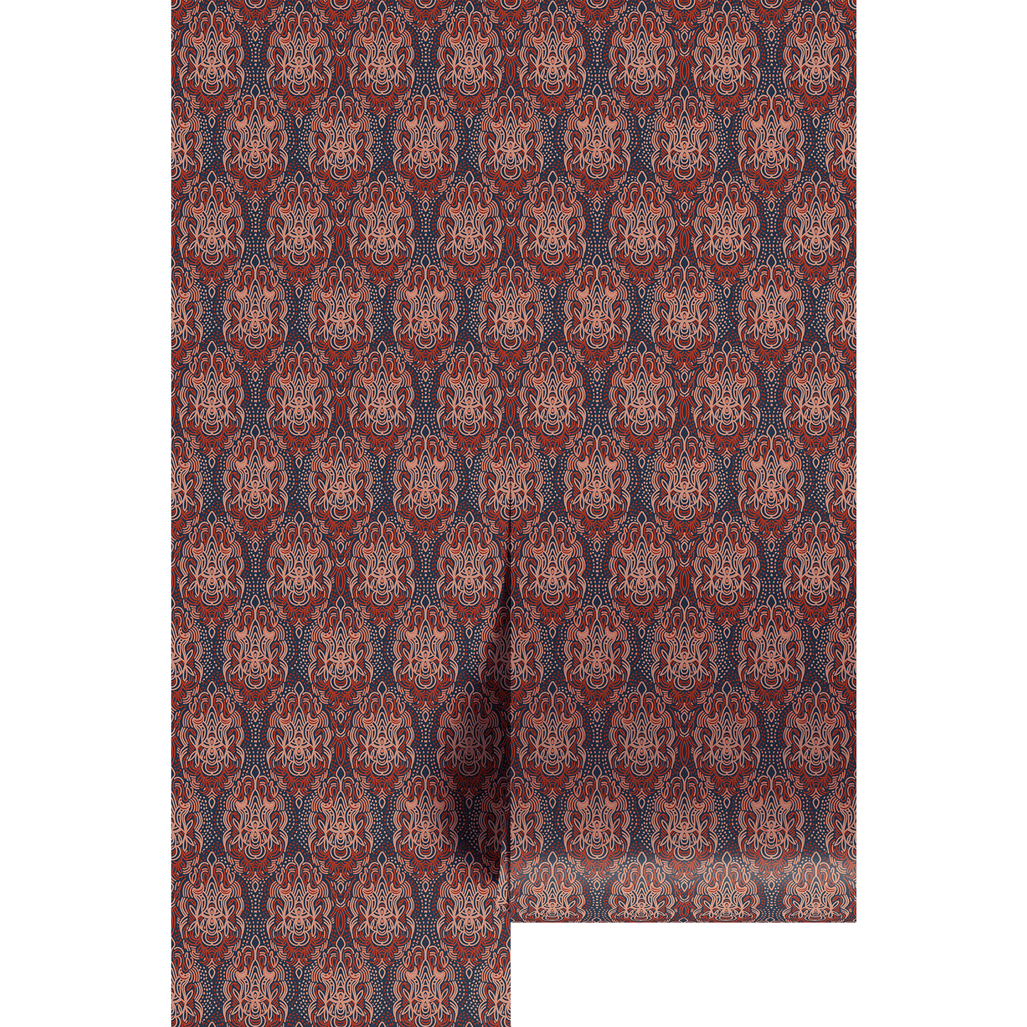 Patterned wallpaper with a green and red design on a white background