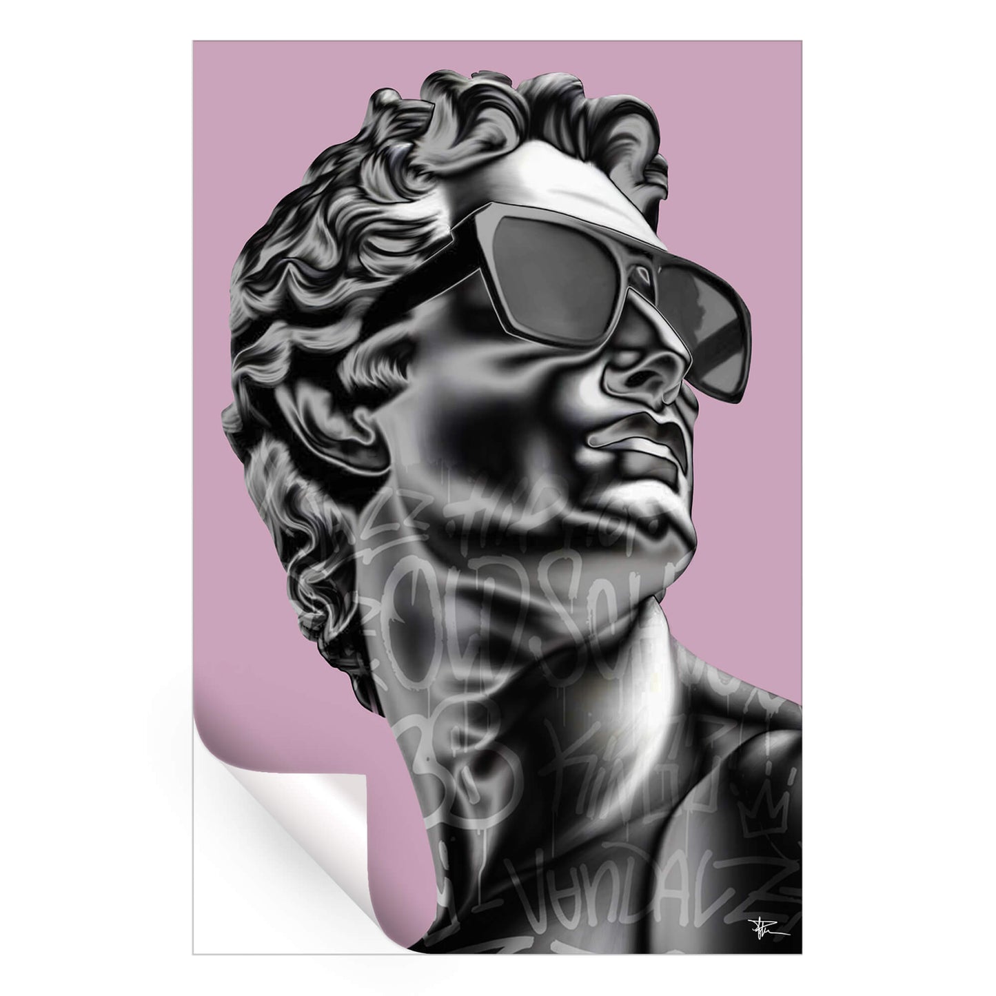 Chrome statue of David with graffiti background, contemporary street art style.