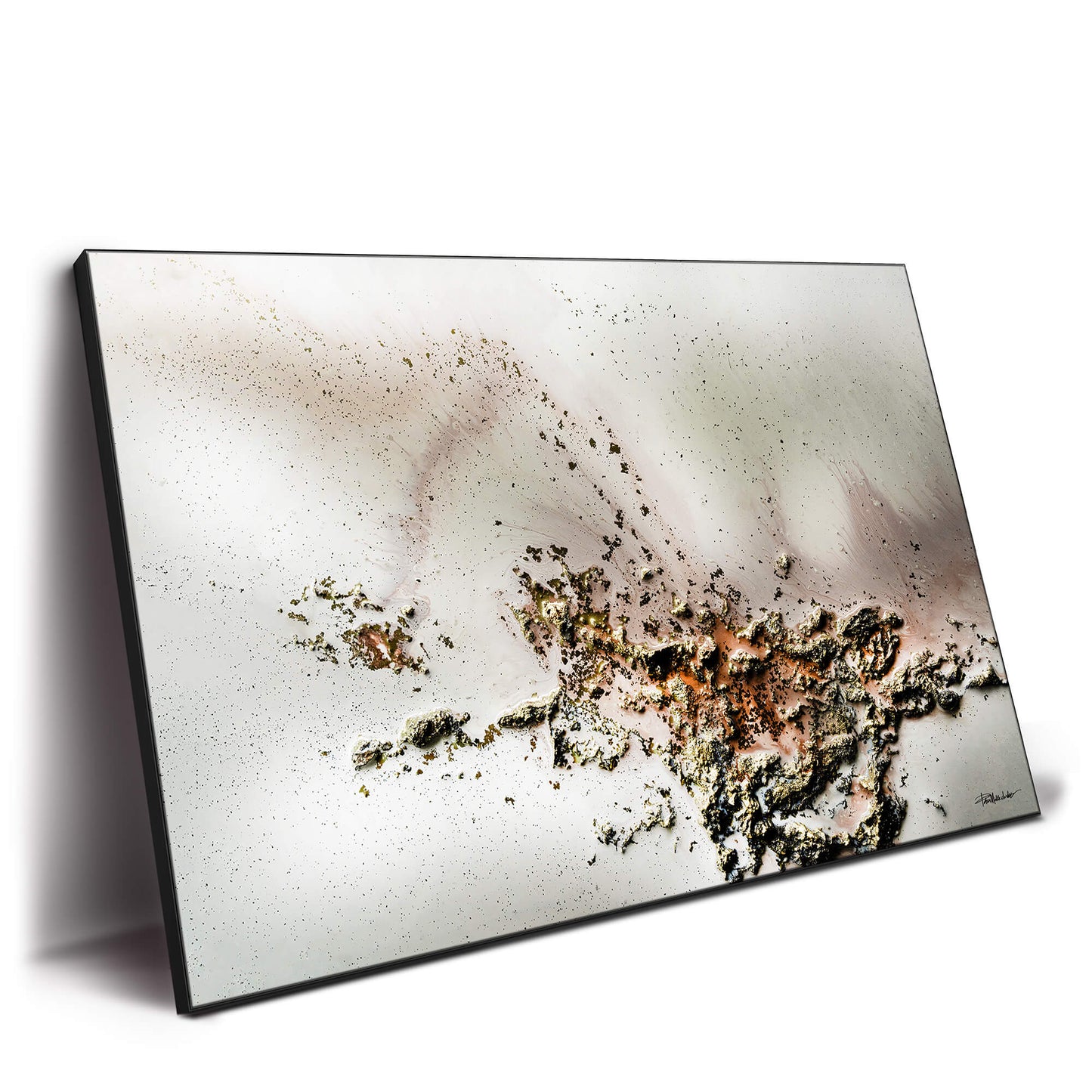 Abstract artwork with textured gold, bronze, and earthy tones against a soft, neutral background.