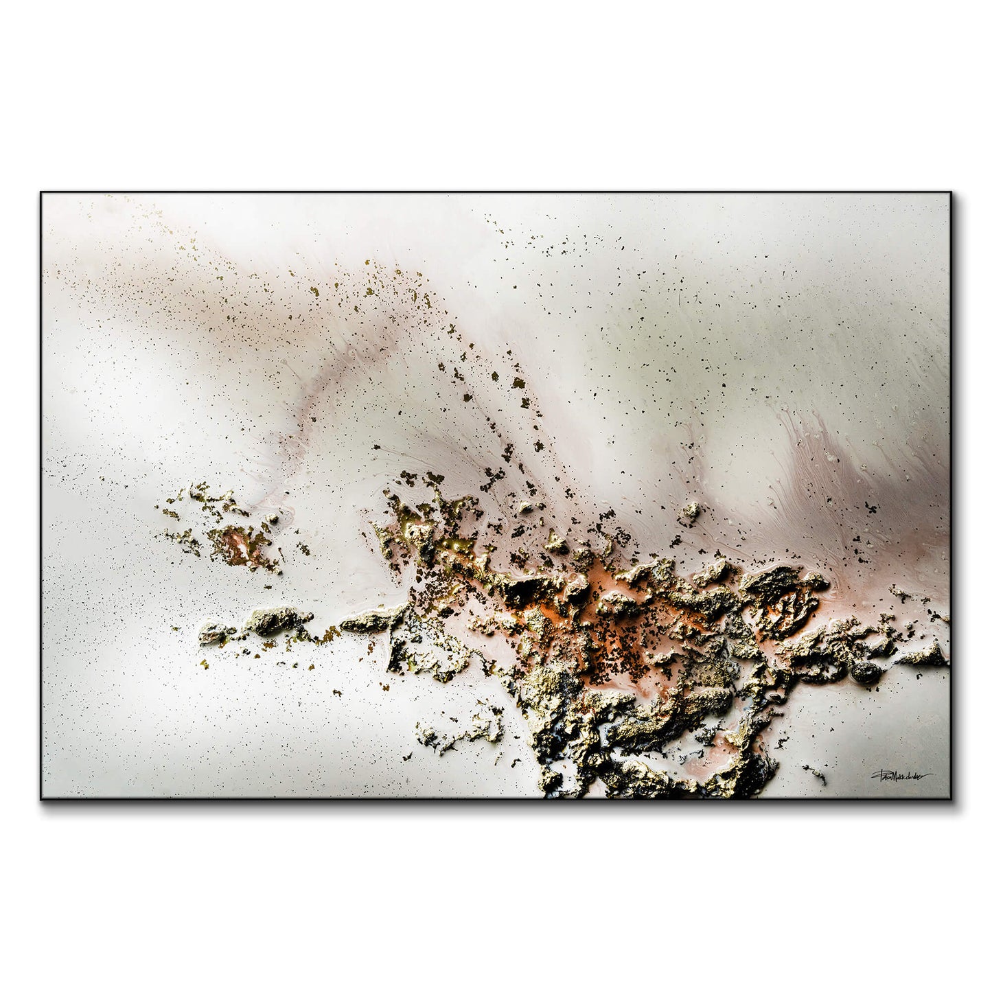 Abstract artwork with textured gold, bronze, and earthy tones against a soft, neutral background.