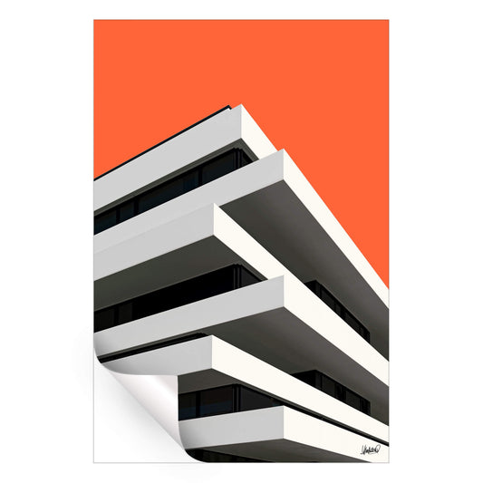 White layered modern building with a vibrant orange background and a minimalist design.